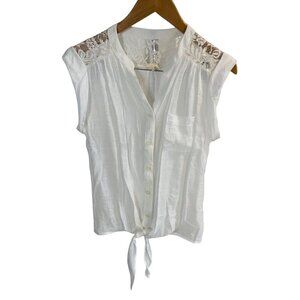 Pearl White Lacy Shoulder V Neck Cap Sleeve Lightweight Tie Front Blouse Sz L